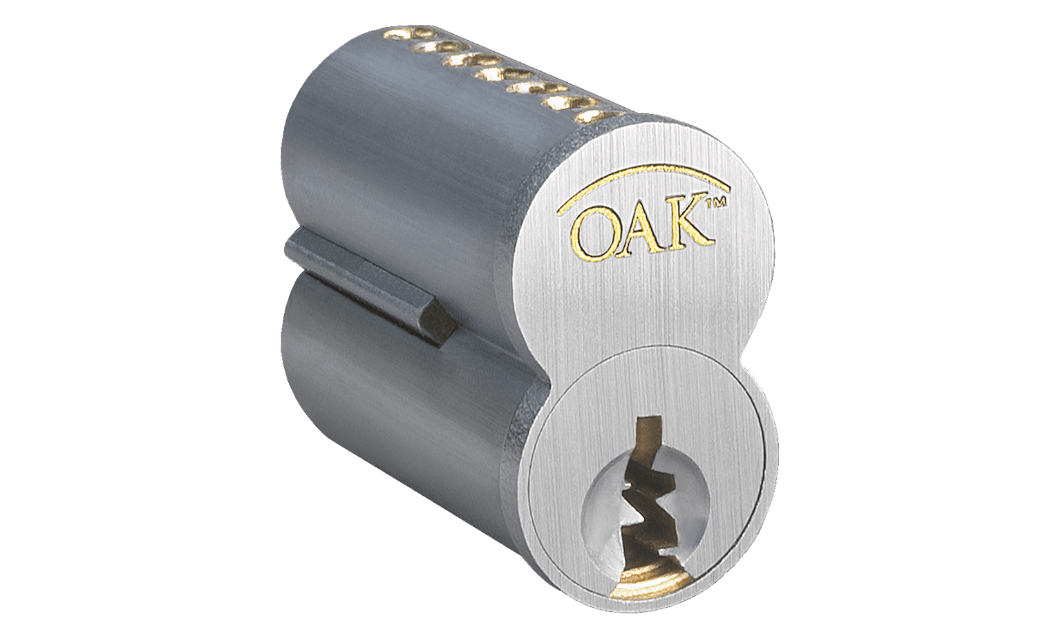 An oak small format interchangeable core featuring a prominent logo, showcasing its design and craftsmanship.
